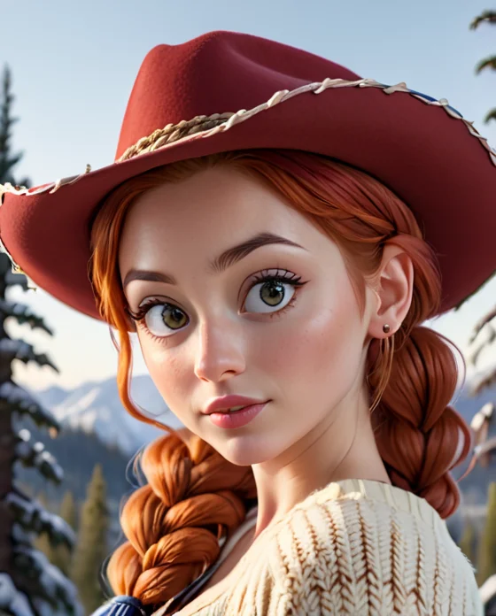 score_9, score_8, score_7, score_6, <lora:Jessie_the_Yodeling_Cowgirl_-_Toy_Story_PonyXL:1> Jes_sie, 1girl, red hair, hat, cowgirl, cleavage, hair in single braid, Cute Montana Outdoors Girl wearing a one shoulder sweater. Detailed eyes framed by long, perfect eyelashes. Light make-up and eyeliner. Soft features. Sensual. Outdoors in Montana. Morning sun rise. In the background is pine tress and snowy mountain tops. Photorealistic, Natural atmospheric lighting, intricate details, 35mm photograph, film, professional, 4k visuals, highly detailed, elegant, studio quality.