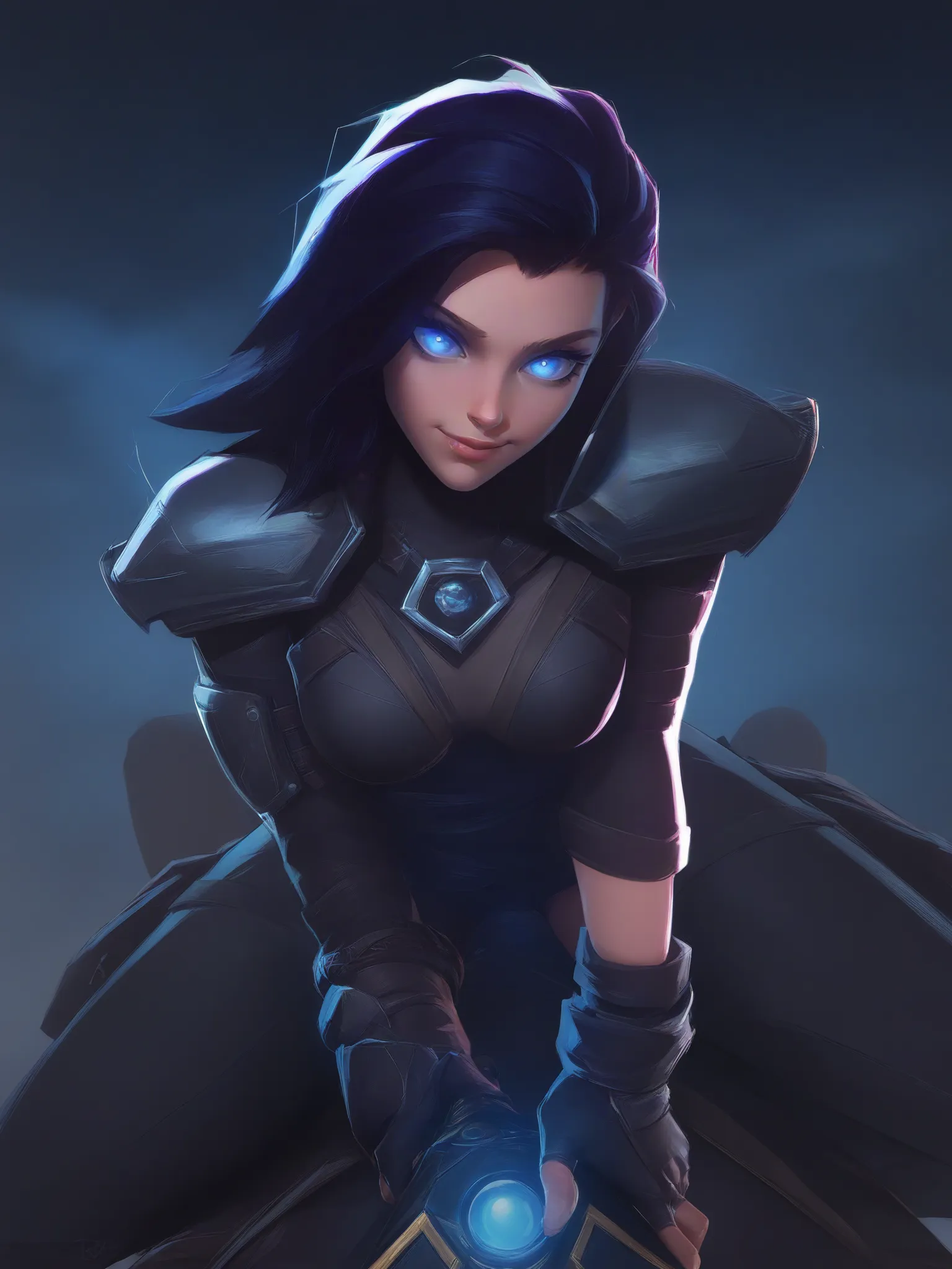 1girl, looking at viewer, male pov, vaginal sex, sex, masterpiece, best quality, high score, 
 <lora:Marvel_Rivals_Concept_Art_Style:1>,looking at viewer, holding weapon, glowing eyes, fingerless gloves, closed mouth, smile, medium breasts, black gloves, short hair, jewelry, blue eyes, long hair, shoulder armor,