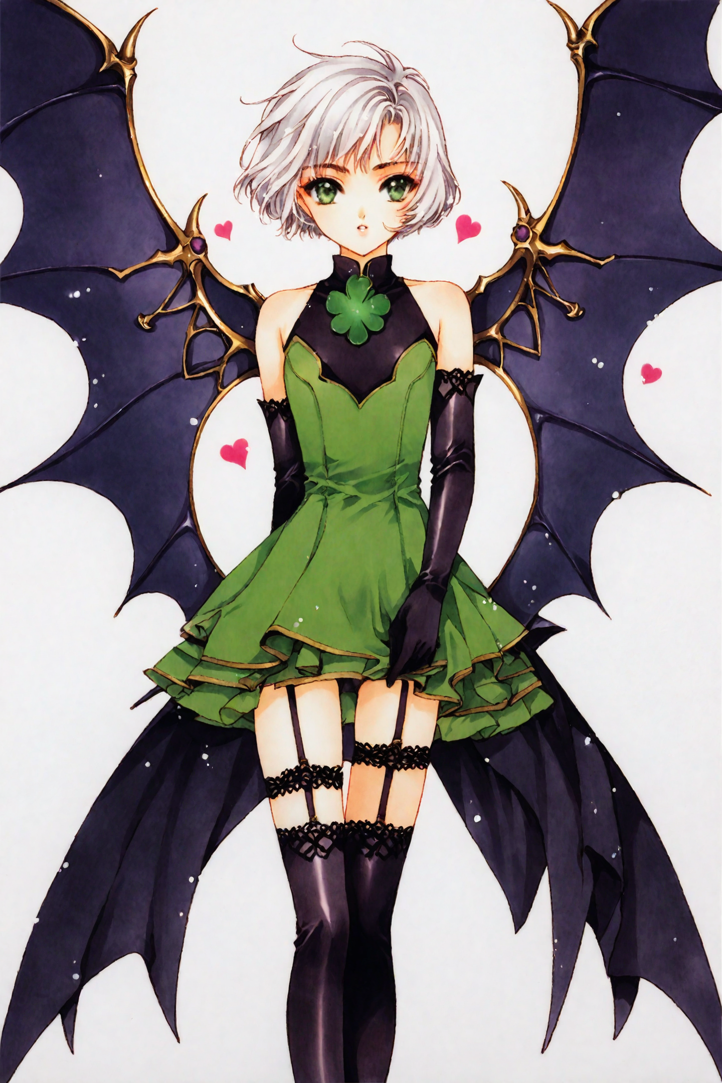 score_9,score_8_up,score_7_up,masterpiece,best quality,
Clover,
Sue,1girl,solo,gloves,thighhighs,wings,reen eyes,heart,short hair,elbow gloves,garter straps,black thighhighs,white hair,black gloves,bare shoulders,green dress,zettai ryouiki,short dress,looking at viewer,sleeveless,standing,retro artstyle,1990s \(style\),colored pencil \(medium\),white background,
<lora:CLAMP_XL_PONY:1>,