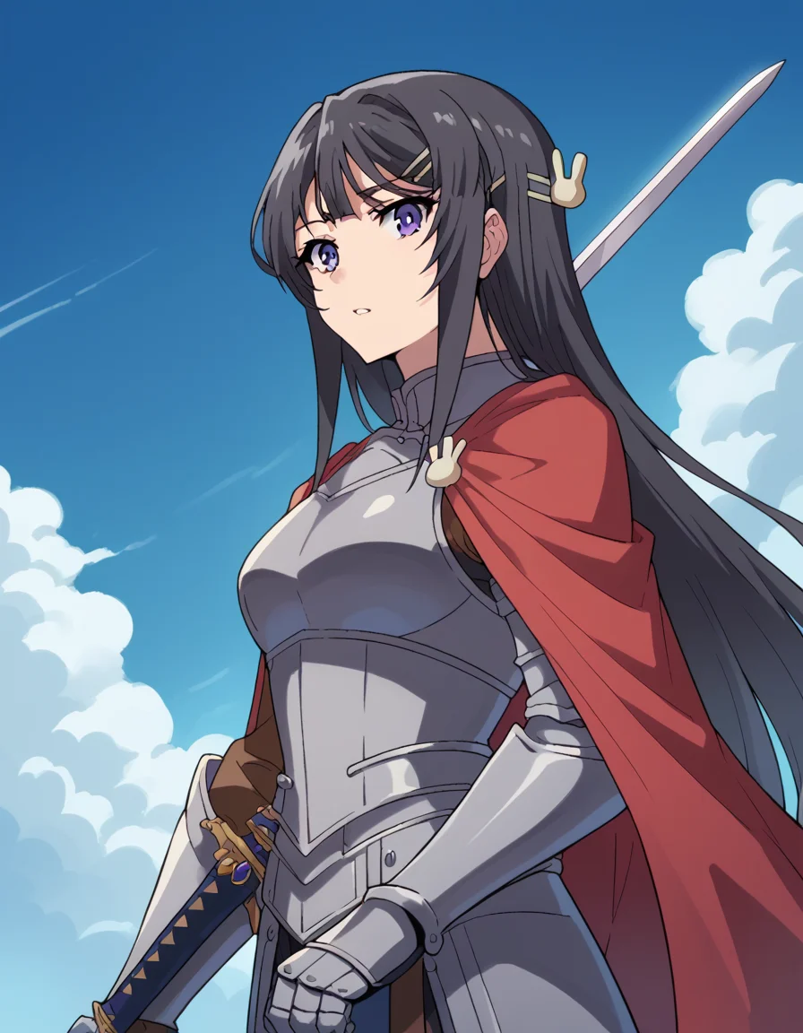 score_9, score_8_up, score_7_up, source_anime, maisakurajima, <lora:mai-sakurajima-s1-ponyxl-lora-nochekaiser:1> mai sakurajima, long hair, bangs, black hair, hair ornament, purple eyes, hairclip, rabbit hair ornament, medium breasts,, <lora:knight-ponyxl-lora-nochekaiser:1>, knight, armor, cape, sword, weapon, holding weapon, shoulder armor, gauntlets, helmet, pauldrons, red cape,, blue sky, clouds, from below, parted lips, looking at viewer