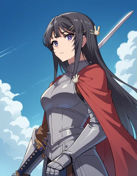 score_9, score_8_up, score_7_up, source_anime, maisakurajima, <lora:mai-sakurajima-s1-ponyxl-lora-nochekaiser:1> mai sakurajima, long hair, bangs, black hair, hair ornament, purple eyes, hairclip, rabbit hair ornament, medium breasts,, <lora:knight-ponyxl-lora-nochekaiser:1>, knight, armor, cape, sword, weapon, holding weapon, shoulder armor, gauntlets, helmet, pauldrons, red cape,, blue sky, clouds, from below, parted lips, looking at viewer