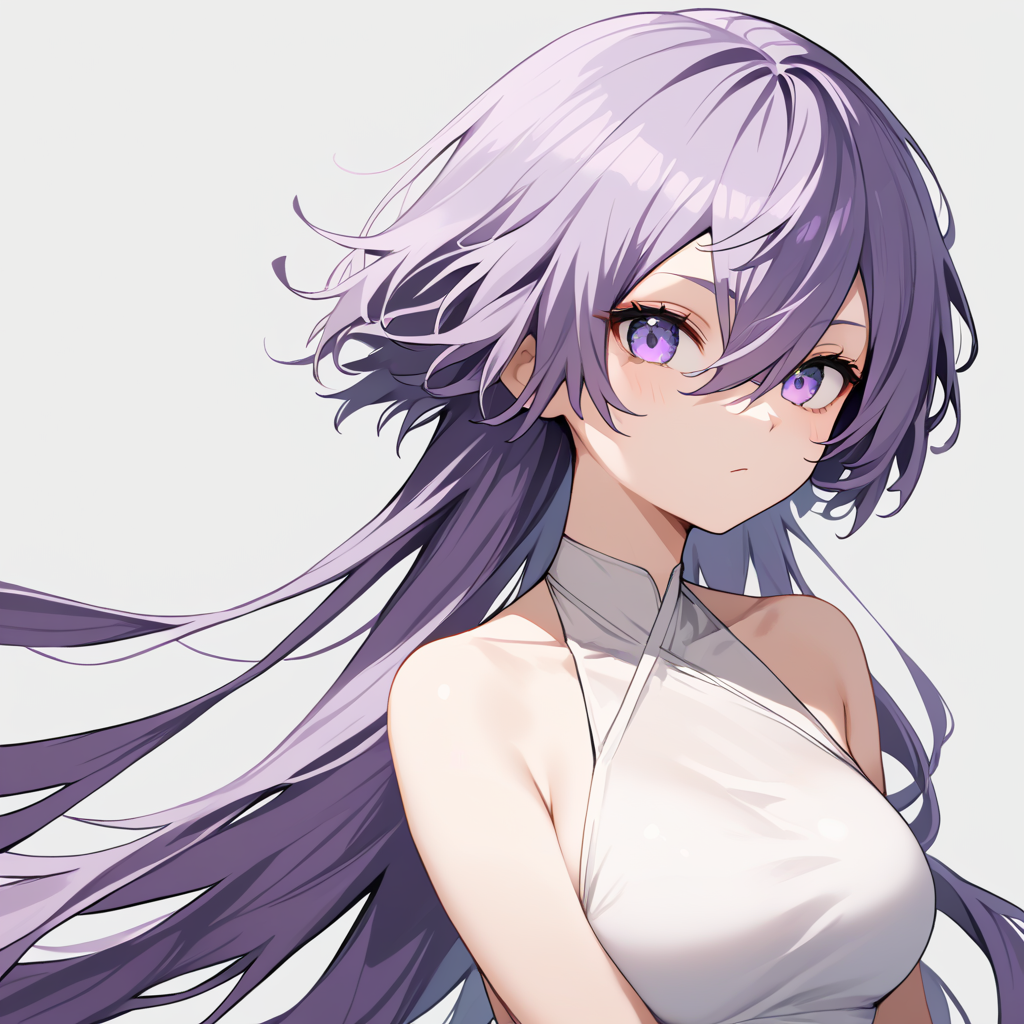 score_9, score_8_up, score_7_up, simple background, hair flowing over, 
1girl, jfcut, long hair, halterneck, hair between eyes, purple hair,
 <lora:jellyfish_haircut_pony_v1:0.6>