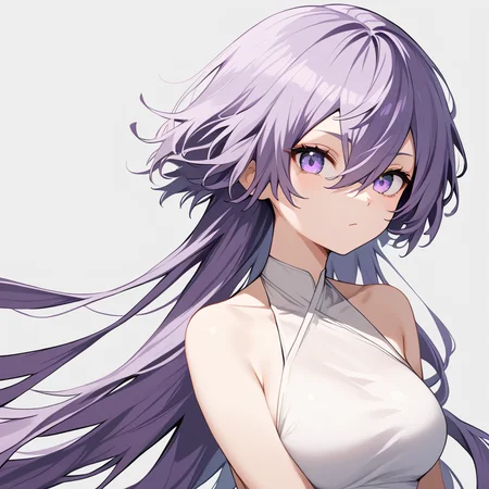 score_9, score_8_up, score_7_up, simple background, hair flowing over, 
1girl, jfcut, long hair, halterneck, hair between eyes, purple hair,
 <lora:jellyfish_haircut_pony_v1:0.6>