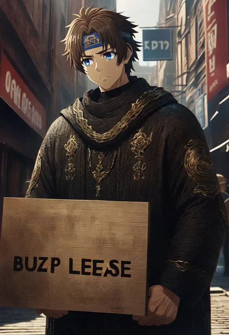 man holding a sign that says ("Buzz Please") text logo, male focus, 1man, fit body, brown hair, headband, blue eyes <lora:texta:0.9>, on the street, (anime, masterpiece, intricate:1), (best quality, hires textures, high detail:1), (4k),(incredibly detailed:1),UHD, 8K, ultra detailed​​​