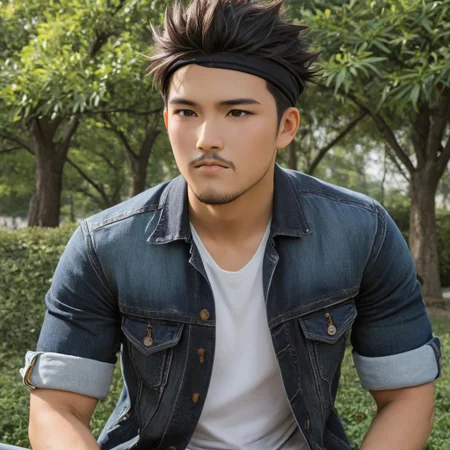 a man using denim jacket, white shirt, and jeans sitting on park, asian man, amirrama, (1boy, black hair, spiked hair, brown eyes, headband, facial hair, shirt, pants,), upper body, perfection style, perfection, perfect