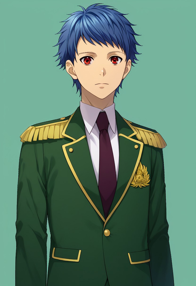 score_9, score_8_up, score_7_up, source_anime, highly detailed, 
Ichijou, 1boy, male focus, solo, blue hair, short hair, red eyes, uniform, epaulettes, jacket, green jacket, shirt, white shirt, collared shirt, necktie, red necktie, pants, white pants, upper body
indoor