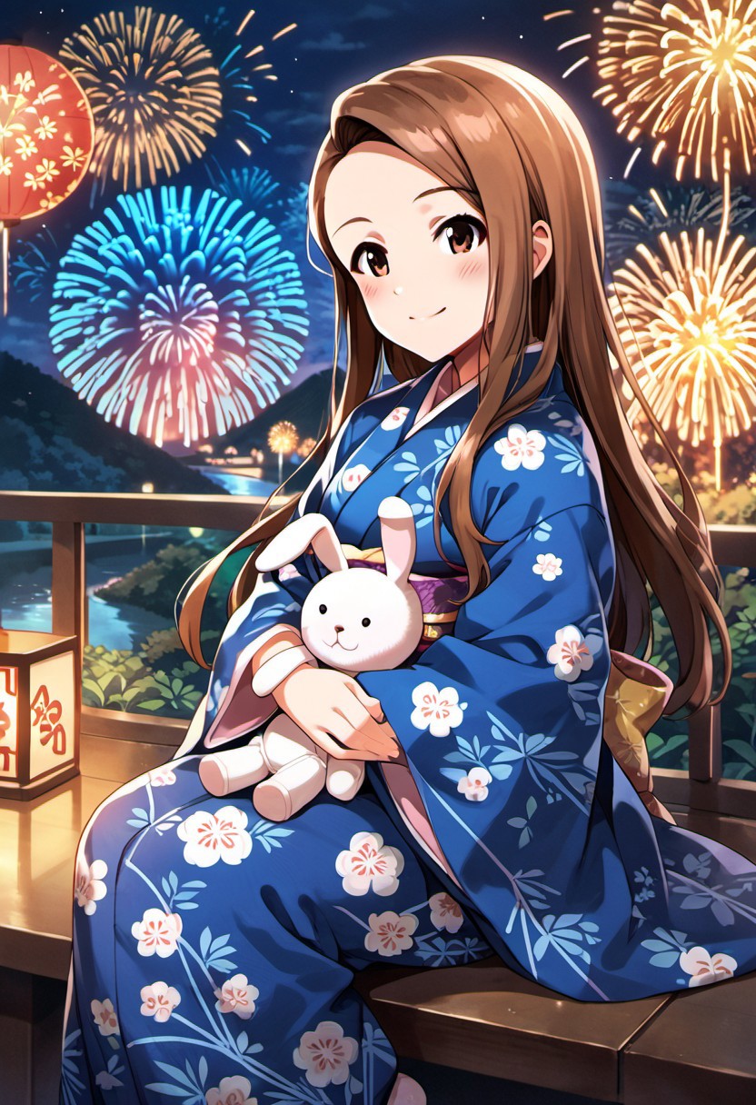 score_9, score_8_up, score_7_up, source_anime,minase iori, long hair, brown hair, brown eyes, 1girl, japanese clothes, kimono, blue kimono, sitting, solo, stuffed toy, smile, stuffed animal, stuffed bunny, fireworks, blush