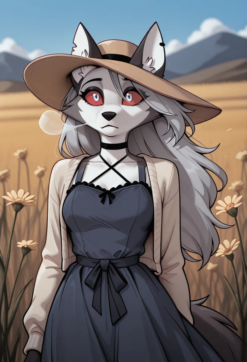 , sundress, wide-brim hat, sandals, light cardigan, wind-blown hair, 1girl, half body, standing in grassy field, wind blowing, clear blue sky, sunlit, wildflowers, distant hills, natural lighting, outdoor background, loona_\(helluva_boss\), female anthro, wolf girl, red sclera, white eyes, black pupil, anthro, dot_pupils, very awa, masterpiece,best quality,newest, absurdres, detailed background, detailed hair, depth of field, detailed skin,very aesthetic, ultra-detailed, OverallDetailXL, aged up, BREAK,