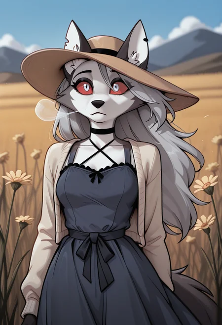 , sundress, wide-brim hat, sandals, light cardigan, wind-blown hair, 1girl, half body, standing in grassy field, wind blowing, clear blue sky, sunlit, wildflowers, distant hills, natural lighting, outdoor background, loona_\(helluva_boss\), female anthro, wolf girl, red sclera, white eyes, black pupil, anthro, dot_pupils, very awa, masterpiece,best quality,newest, absurdres, detailed background, detailed hair, depth of field, detailed skin,very aesthetic, ultra-detailed, OverallDetailXL, aged up, BREAK,