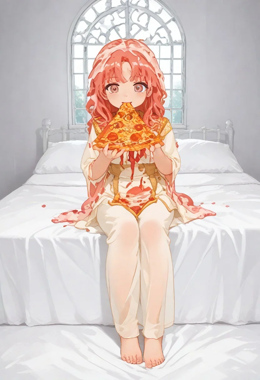 red slime girl ((eating pizza)) pizzasdx, looking at viewer (pizza melting:1.5) medieval bedroom background, masterpiece, full body sitting on bed, white bed, bed, white sheets, window, good light, perfect hands, good hands (hands on pizza) pizza