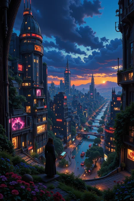 a futuristic sci-fi fantastic cyberpunk city beautiful landscape, dusk, woman, very intricate, very detailed, sharp, bright, colorful, <lora:Hand v2:0.5> <lora:Anti-Blur:1><lora:Insane Detail Slider:0.25> <lora:flux.1_lora_flyway_Epic-detail_v2:0.3> <lora:fluxenhancer:0.25> <lora:Anime_style:0.6> anime style