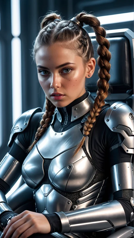 hyperrealistic portrait of a fierce young woman with pigtails, intense gaze, futuristic cyborg armor, extremely detailed and realistic skin texture, sitting on a futuristic chair in a high-tech lab, soft artificial light streaming through windows, cinematic, 8k, ultra high detail, lifelike, trending on artstation, perfect hands, realistic fingers, natural hand pose