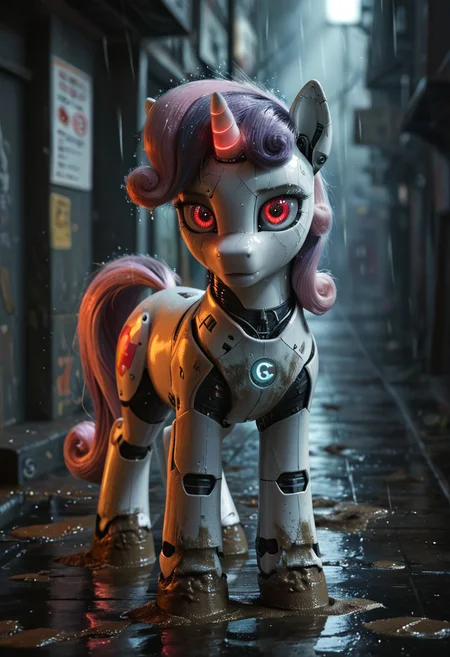 soft, detailed light, solo, sweetie bot, unicorn sweetie belle lies, robot pony, (cybernetic eyes), rain, (rust), (broken), (destroyed), [mud:0.3], dark room in a robot charging station,, <lora:CyberpunkMJXL:1>, score_9, score_8_up, score_7_up,
[photorealistic|cellshading|2d], (beautiful:1), high res, highly detailed, detailed, hyper detailed, raw photo
