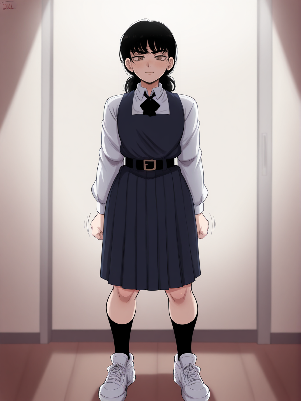 (masterpiece, amazing quality, best quality), <lora:blackwhiplash(bwl)-guy90-Illust-Lycorisv1:1>, blaash, motion lines, cinematic lighting, shadows, lighting,
 <lora:Asa:1>, mitaka asa, 1girl, solo, long hair, low twintails, twintails, black hair, 
shirt, white shirt, collared shirt, long sleeves, dress, sleeveless dress, blue dress, pinafore dress, pleated dress, school uniform, fourth east high school uniform, bow, ribbon, neck ribbon, black ribbon, bowtie, black bowtie, black bow, skirt, belt, black belt, belt buckle, socks, black socks, shoes, white footwear, sneakers
brown eyes,