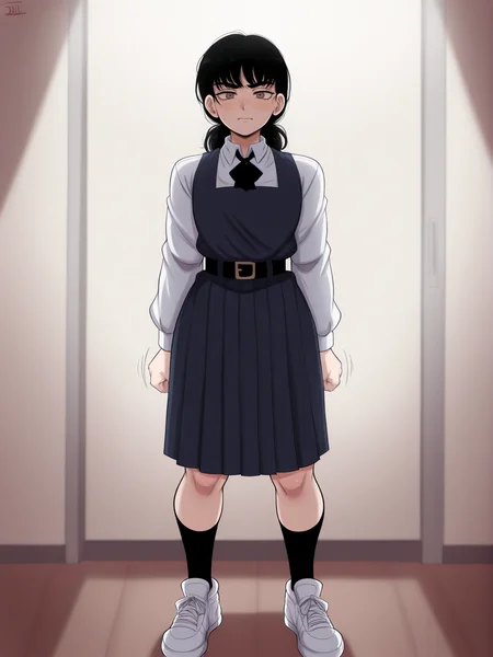 (masterpiece, amazing quality, best quality), <lora:blackwhiplash(bwl)-guy90-Illust-Lycorisv1:1>, blaash, motion lines, cinematic lighting, shadows, lighting,
<lora:Asa:1>, mitaka asa, 1girl, solo, long hair, low twintails, twintails, black hair,
shirt, white shirt, collared shirt, long sleeves, dress, sleeveless dress, blue dress, pinafore dress, pleated dress, school uniform, fourth east high school uniform, bow, ribbon, neck ribbon, black ribbon, bowtie, black bowtie, black bow, skirt, belt, black belt, belt buckle, socks, black socks, shoes, white footwear, sneakers
brown eyes,