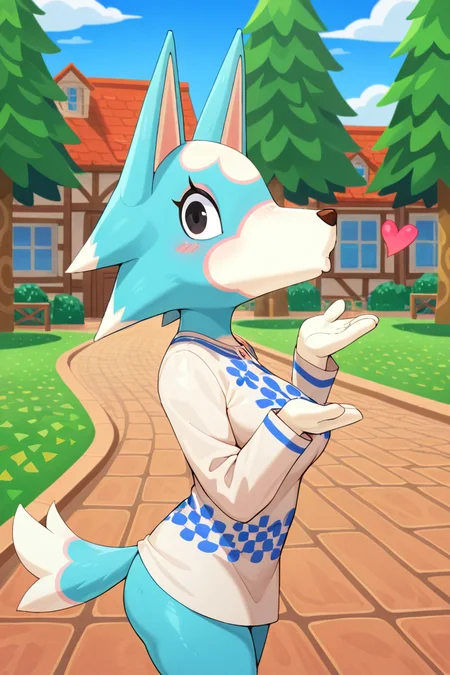 masterpiece, best quality, amazing quality, very aesthetic, high resolution, ultra-detailed, absurdres, newest, animal crossing BREAK 1girl, solo, Skye_AC, anthro, furry female, blue fur, black eyes, wolf tail, blowing kiss, heart, puckered lips, o3o, looking at viewer, from side:0.5, facing viewer, outdoors, town, buildings, grass, trees