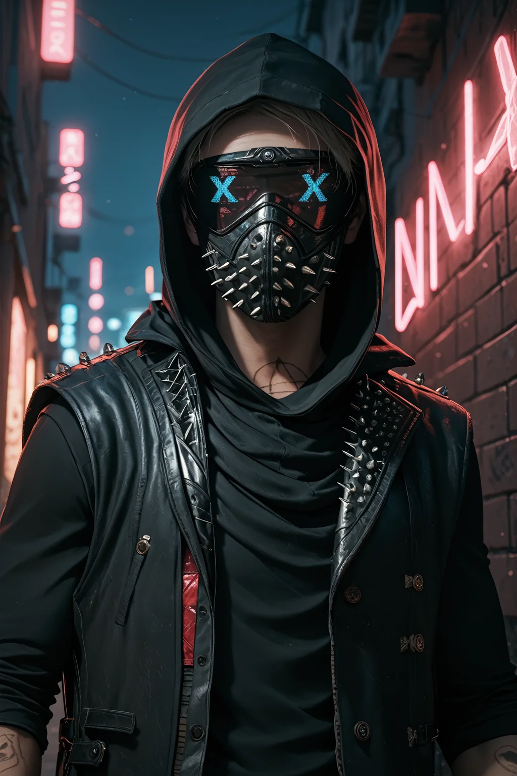 score_9, score_8_up, score_7_up, score_6_up
<lora:WDWren:0.9>
WDWren, 1boy, faceless, mask, hood up, vest, looking at viewer, In a dimly lit urban alley, tailored black suit, ambient neon lights casting shadows, leaning confidently against a brick wall, cowboy shot