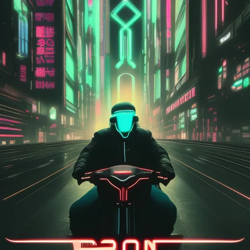 Futuristic Vintage Medium Shot 1920's Poster with Cyberpunk, ovni, tron biker with helmet bike, black in color, with a cyberpunk city background, futuristic lighting, cinematic lighting, cozy lighting, 8k, cinematic poster vintage 1800s