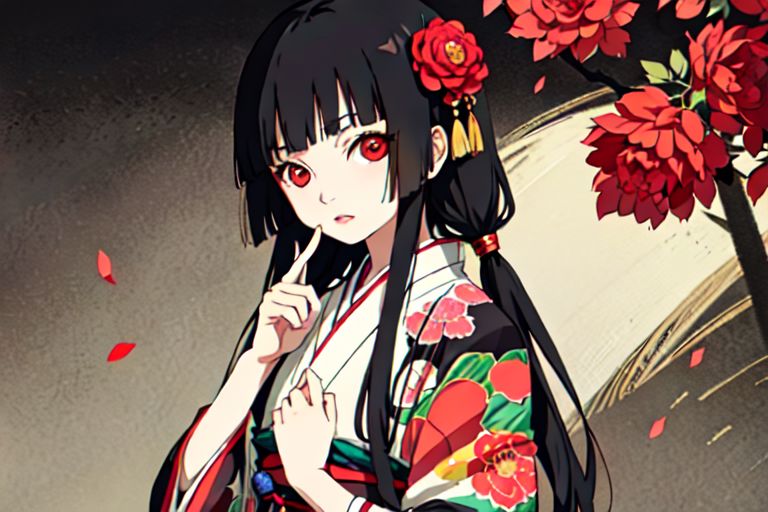 enma ai, hair down, hair black, bangs, eyes red, masterpiece, best quality, ultra-detailed, illustration, 1girl, solo, highres, photorealistic, ultra high res, (Original illustration composition), (fusion of limited color,Maximalism artstyle, kimono obi fashion, double exposure, background, illustration, Amazing, lily spider, night darkness, open one's mouth, middle finger show, bouquet flowers red, low twintails, (polychromatic peony:1.15), Movie poster,