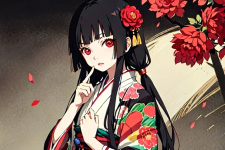 enma ai, hair down, hair black, bangs, eyes red, masterpiece, best quality, ultra-detailed, illustration, 1girl, solo, highres, photorealistic, ultra high res, (Original illustration composition), (fusion of limited color,Maximalism artstyle, kimono obi fashion, double exposure, background, illustration, Amazing, lily spider, night darkness, open one's mouth, middle finger show, bouquet flowers red, low twintails, (polychromatic peony:1.15), Movie poster,