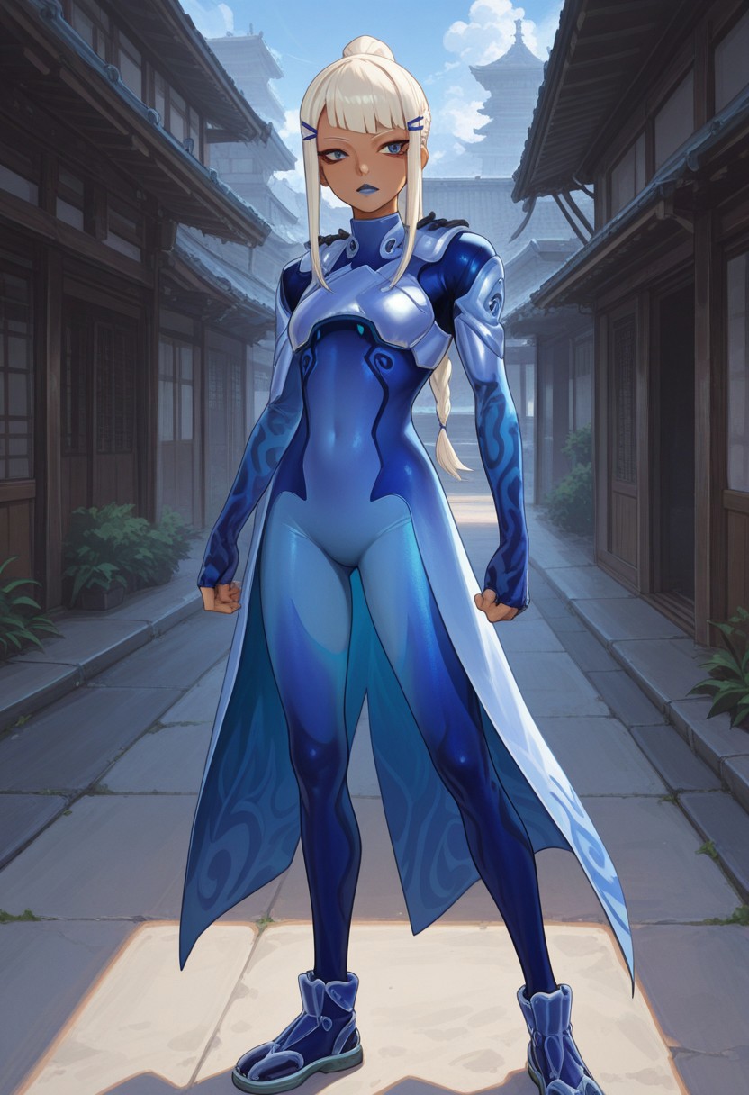 absurdres, masterpiece, best quality, very aesthetic, newest, HDR, 8K, ultra-detailed, 748cmstyle, anime, outdoor, day, full body, 
1girl, solo, Mizuki_Fortnite, long hair, ponytail, braid, hairclip, blonde hair, white hair, hair ornament, blut bangs, sidelock, makeup, small breasts, lipstick, blue lips, eyeshadow, dark-skinned female, blue eyes, zero suit, blue bodysuit, armor, dress, japanese clothes, gloves, skindentation, skinny, standing, spread legs, daring look)