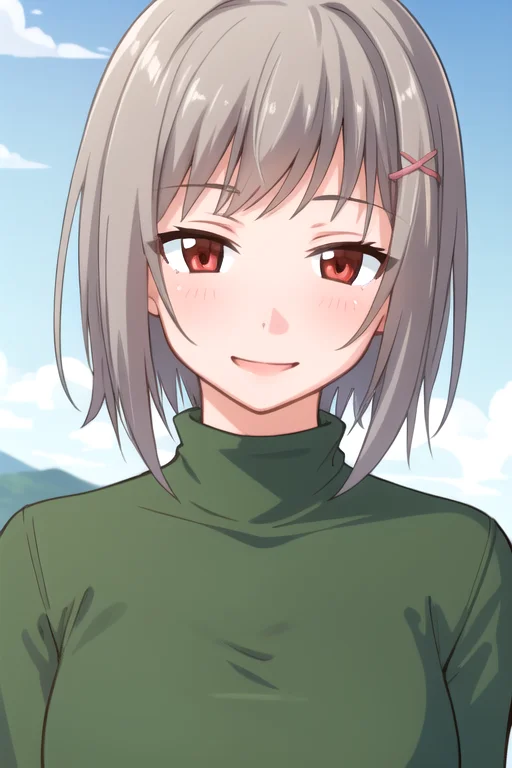 ((masterpiece)),(best quality),official art,extremely delicate and beautiful,extremely detailed CG,unity 8k wallpaper,ultra detailed,beautiful detailed eyes,extremely detailed face,outdoors,1girl,solo,upper body,(portrait:1.5),looking at viewer,facing viewer,smile,grey hair,medium hair,x hair ornament,hairclip,bangs,red eyes,green turtleneck,green shirt,long sleeves,large breasts,underbust,jeans,loafers,<lora:Girl(girl who is afraid of heat):0.8>,
