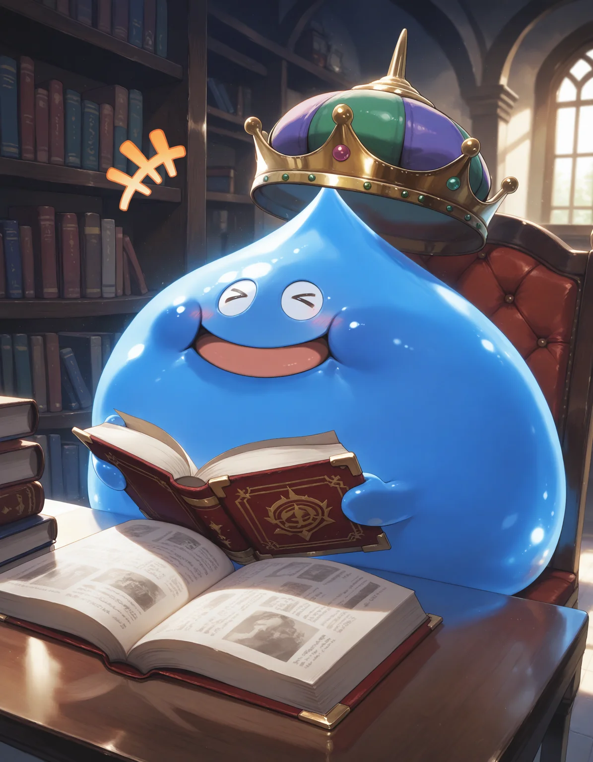 SmoothNoob_Quality,masterpiece,extreme detailed,full_body,indoor,table BREAK 1other,no humans,king slime,slime \(creature\),crown,:D,open mouth,blue skin,blush,<lora:NOOB_vp1_detailer_by_volnovik_v1:1>,<lora:king slime-NAI:1>,sitting,smile,happy,+++,reading,holding book,