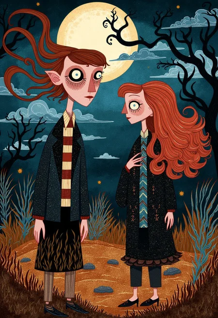 Whimsical, storybook-inspired folk art with flowing, dreamlike details. Spooky investment bankers from Wall Street haunts the poor at night. Creepy horror ambiance