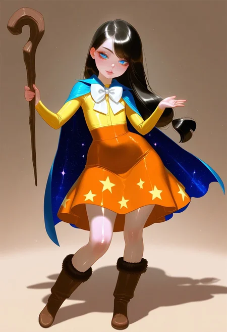 , , masterpiece, best quality, very aesthetic, absurdres, 
  shiny skin, thick black lineart, perfect face, 
1=2, , ,
1girl,[humanized star spirit: swept bangs with low-tied long hair], [blue eyes sparkling with aegyo sal], [yellow shirt under blue collared cape], [orange long skirt with star prints], [ [holding wooden staff with both hands], [white bowtie and brown fur-trimmed boots]\ [white background with soft shadow], flat chest, wide hips
seductive pose