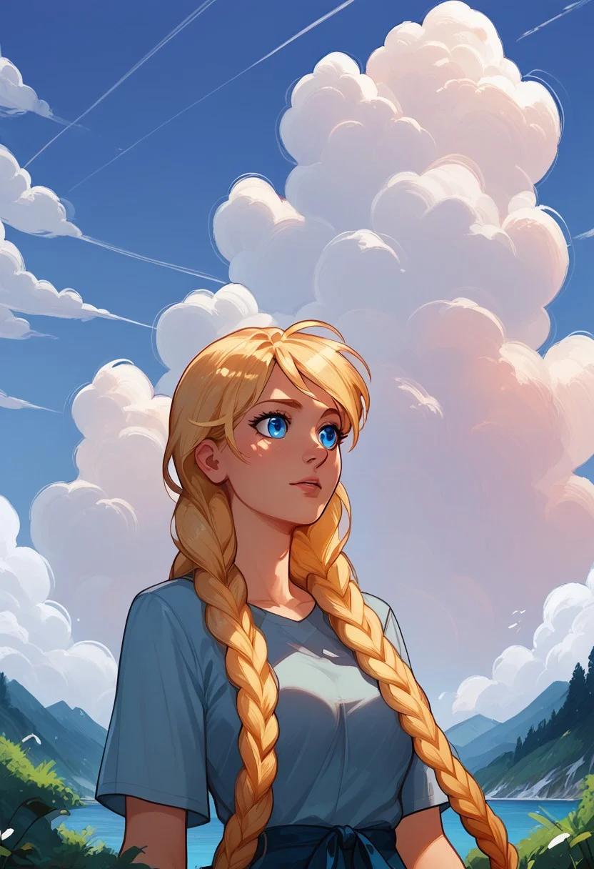 score_9, score_8_up, score_7_up, summer, purple sky, clouds, outside, outdoors, warm light, amazing background,
slavya, blonde hair, very long hair, long hair, twin braids, blue eyes