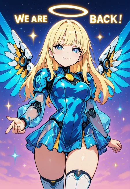 masterpiece, best quality, solo, curvy, beautiful eyes, narrow waist, wide hips, 1girl, solo, smile, looking at viewer, foreshortening, close up, anime screenshot, large breasts, Cyb3rAng3lCitron, blue eyes, blonde hair, blunt bangs, long hair, mechanical wings, halo,   leotard, blue skirt, see-through skirt, glowing, shiny clothes, mechanical halo, see-through sleeves, puffy sleeves, white thighhighs, blue wings,  <lora:CyberAngelCitronOC_IXL_v2:0.8>, , smile, looking at viewer, We4reSoB4ck, text, gradient background, ,<lora:We4reSoB4ck_IXL_v1:1.0>,