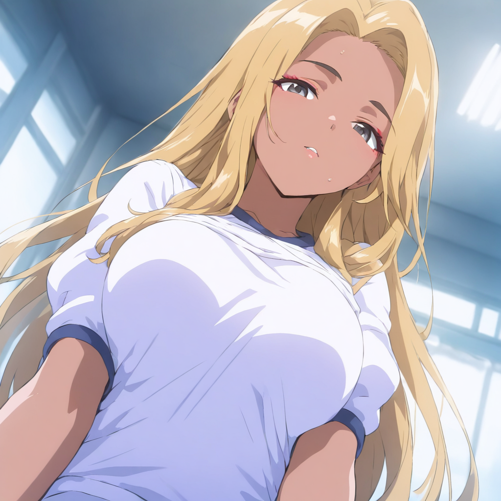 solo,looking at viewer,masterpiece,high score,great score,absurdres,gym uniform,<lora:Furyou2_kisaku ag4o v1:1> furyoushoujo2, blonde hair, long hair, dark skin, black eyes, makeup,