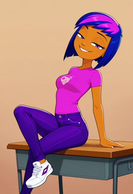 1 girl, solo, multicolored hair, blue hair, short hair, tan skin, pink t-shirt, purple denim jeans, white shoes, smiling, looking at viewer, sitting, sitting on desk, sexy, seductive, teasing, flirting, tall, tall height,