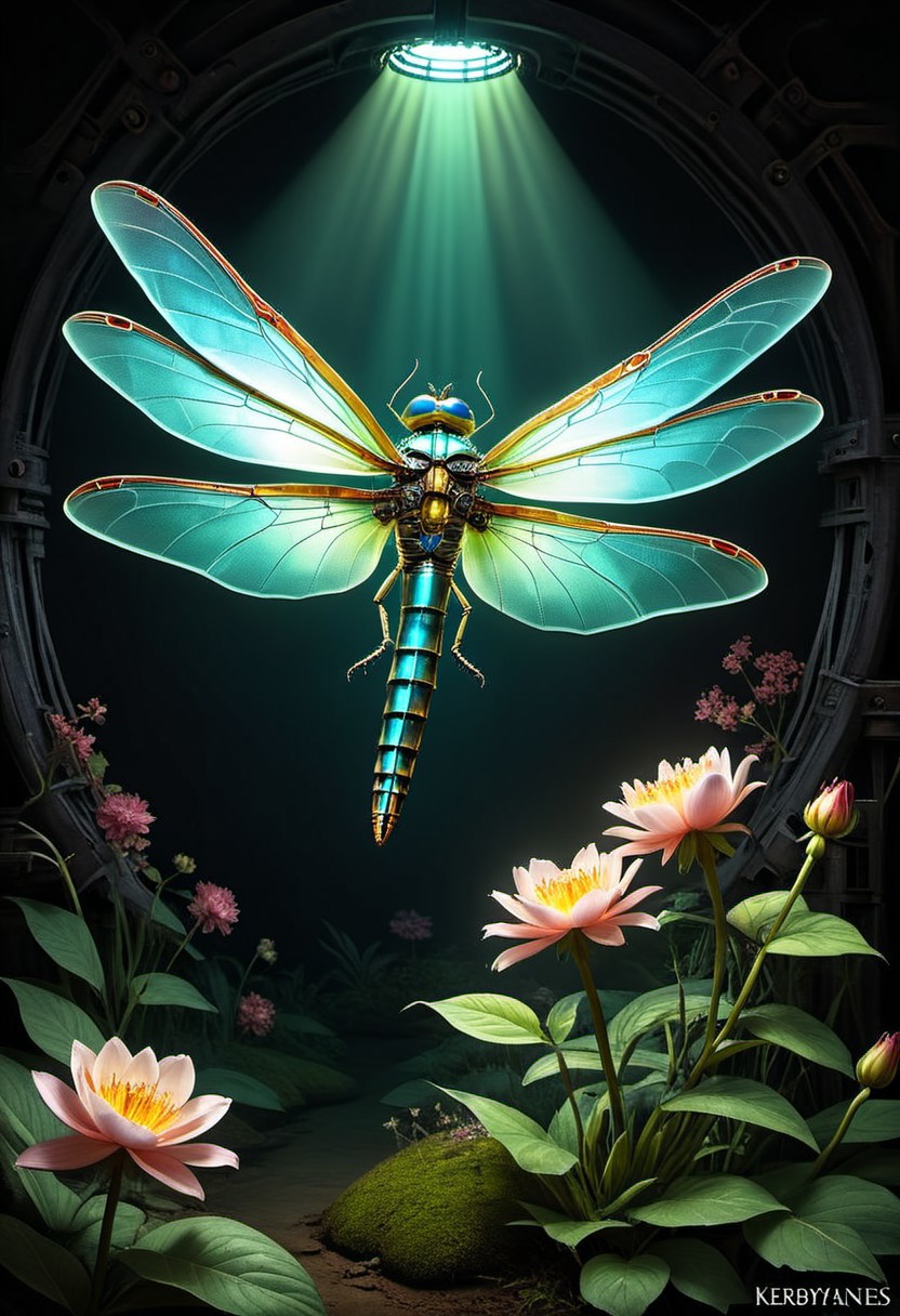 dark fantasy, slimy, unusual color, a mechanical dragonfly( made out of iron) on a flower, halo, glow, limited dark color palette, vividly detailed, microscopically detailed, (professional photo but beautiful:1.3), hyper realistic and highly, (best quality:1.5), highres, dramatic light, by Steve McCurry, by Rembrandt, (by Kerby Rosanes:1.4),,