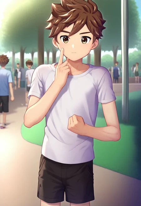 sato_daiki, brown hair, short hair, brown eyes, 1boy, solo, solo focus, medium build body, V-shaped shoulders, standing, strong leg, young man, youthful, (short torso:1.40), (proportional body:1.20), handfixer, detailed eyes, detailed hands, clenched hands, white t-shirt, black shorts, public park setting