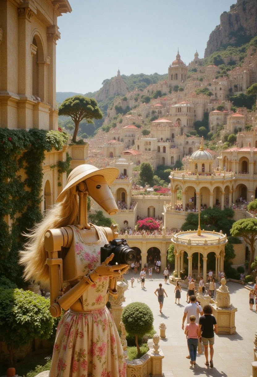 A B1 battle droid with flowing blonde hair, wearing a wide-brimmed straw hat and a light floral sundress, stands in the middle of a vibrant, detailed city. The droid holds an old-school film camera up to its face, capturing the breathtaking cityscape with clear touristy enthusiasm. The city is a glorious mix of intricate buildings with classical and modern architecture, with ivy climbing walls and colorful flowers hanging from balconies. Majestic trees line the streets, and nature blends harmoniously with the urban design. The droid exudes a clear "tourist on vacation" vibe, admiring its surroundings as locals and tourists walk by. The lighting is soft, with a golden afternoon sun casting a warm glow