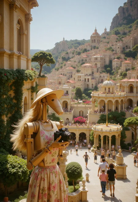 A B1 battle droid with flowing blonde hair, wearing a wide-brimmed straw hat and a light floral sundress, stands in the middle of a vibrant, detailed city. The droid holds an old-school film camera up to its face, capturing the breathtaking cityscape with clear touristy enthusiasm. The city is a glorious mix of intricate buildings with classical and modern architecture, with ivy climbing walls and colorful flowers hanging from balconies. Majestic trees line the streets, and nature blends harmoniously with the urban design. The droid exudes a clear "tourist on vacation" vibe, admiring its surroundings as locals and tourists walk by. The lighting is soft, with a golden afternoon sun casting a warm glow