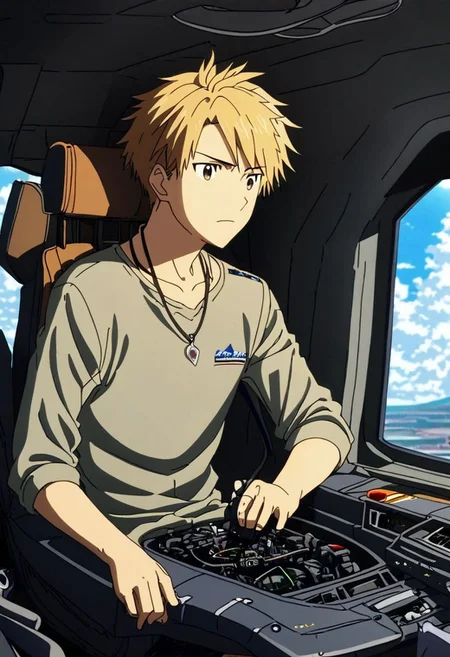 high resolution, solo, best quality, 1Boy, Yamato Ishida, Blond Hair, Necklace, Pilot, Cockpit, OverallDetail