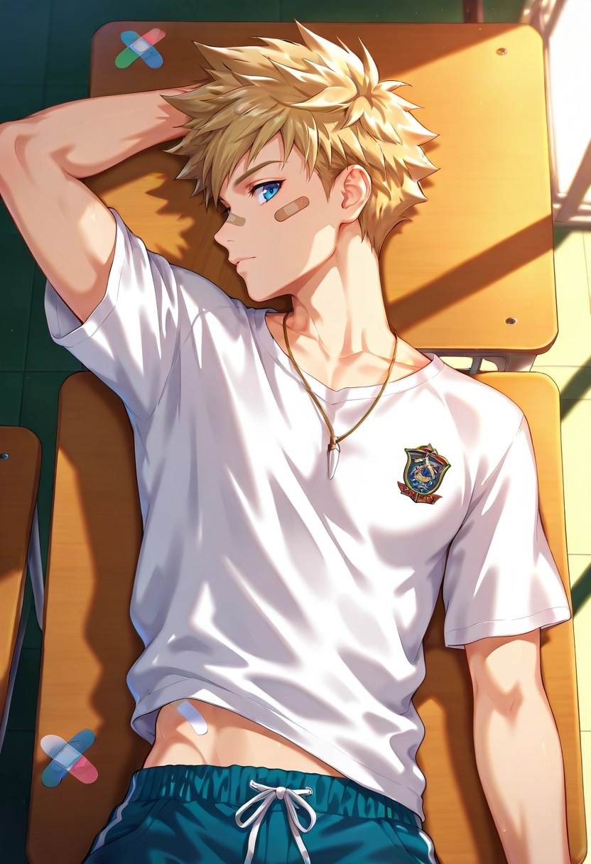 masterpiece, best quality, intricate details, (realistic:0.6), looking at viewer, depth of field, 1boy, solo, male focus, <lora:connor_bleufin_ilxl:0.98>, connor_bleufin, blonde hair, blue eyes, short hair, spiked hair, bandaid on face, necklace, profile, classroom, light, lying, on back, expressionless, Chambray Hiking shorts, Henley long-sleeve shirt, , , and