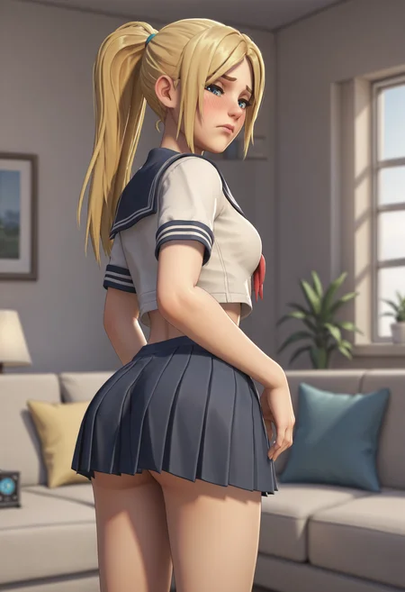 score_9, score_8_up, score_7_up, score_6_up, score_5_up, score_4_up, 1girl, <lora:WidowmakerNova:0.7> solo, medium breasts, ponytail, blonde hair, long hair, blue eyes, wearing seifuku, sailor's outfit, pleated skirt, blush, upper body, front view, eyes half closed, embarrassed, looking back, standing, large ass, from behind,
living room background, couch, window, plant, lamp, blurry background, 3d, render,