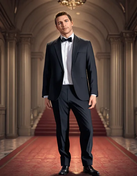 masterpiece, best quality, absurdres, newest, perfect quality, best quality, absolutely eye-catching, detailed background, intricate details, male focus, solo, realistic, <lora:Uncharted - Nathan - Illustrious-000006:0.8>, uncharteddrake, 1boy, mature male, very short hair, blue eyes, stubble, body hair, formal, white dress shirt, suit jacket, dress pants, dress shoes, bowtie, indoors, ballroom, head tilt, looking at viewer, contrapposto