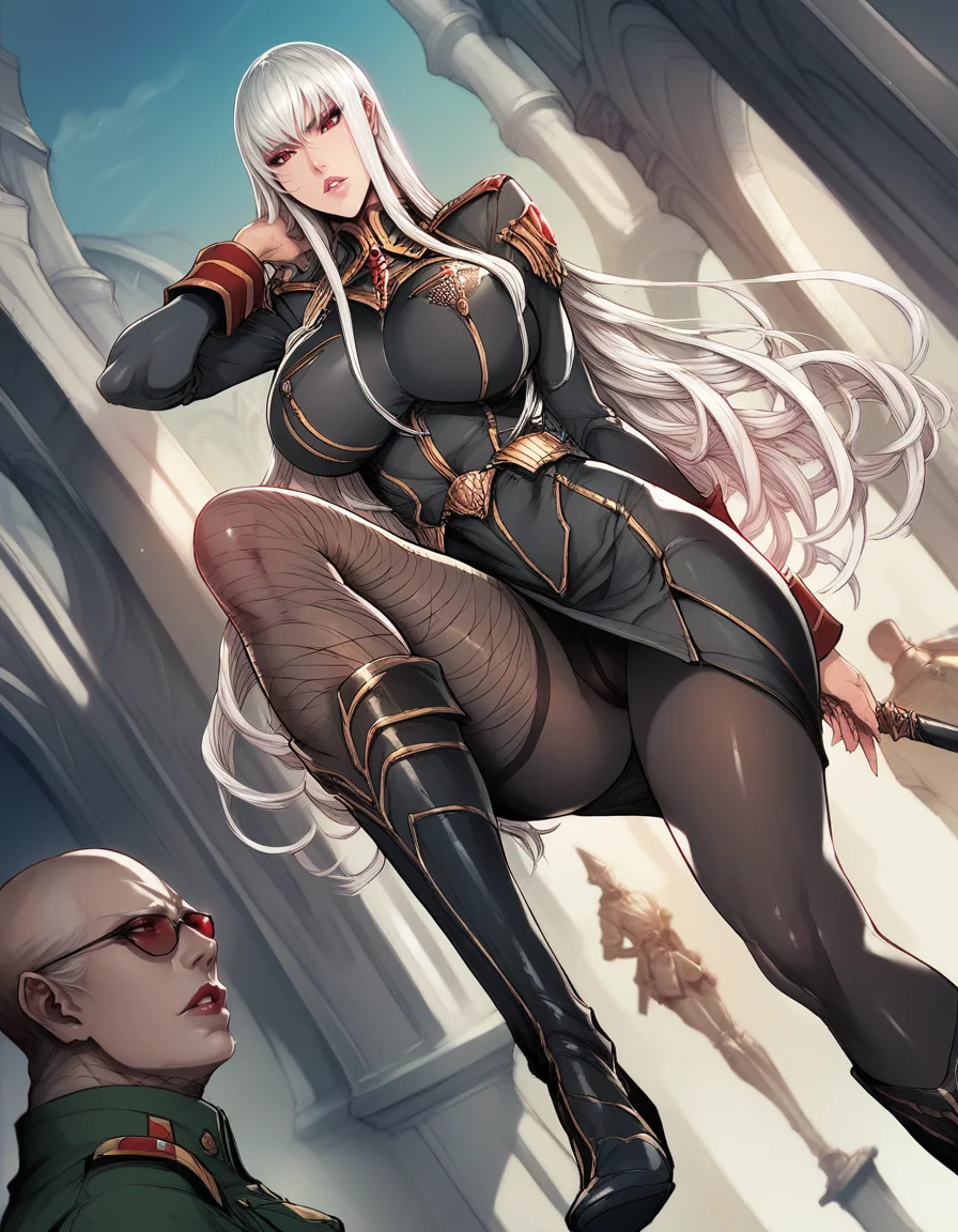 score_9, score_8_up, score_7_up, source_anime, <lora:MAIDOLL For Pony:0.7>,maidoll,1girl, dutch angle,  <lora:selvaria bles for sdxl:0.8>,selvaria,long hair, white hair, parted lips, military uniform, black legwear, fishnet pantyhose, knee boots,