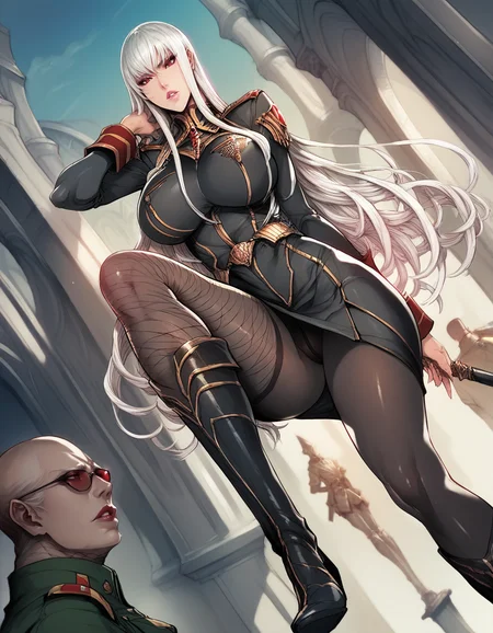 score_9, score_8_up, score_7_up, source_anime, <lora:MAIDOLL For Pony:0.7>,maidoll,1girl, dutch angle, <lora:selvaria bles for sdxl:0.8>,selvaria,long hair, white hair, parted lips, military uniform, black legwear, fishnet pantyhose, knee boots,