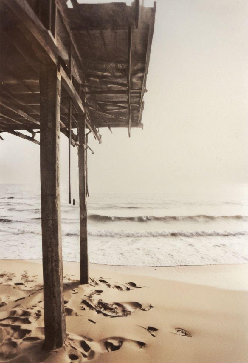 lith_agfabrovira_BEH111, instagram photo, a foggy beach in sri lanka, hard shadows, film grain