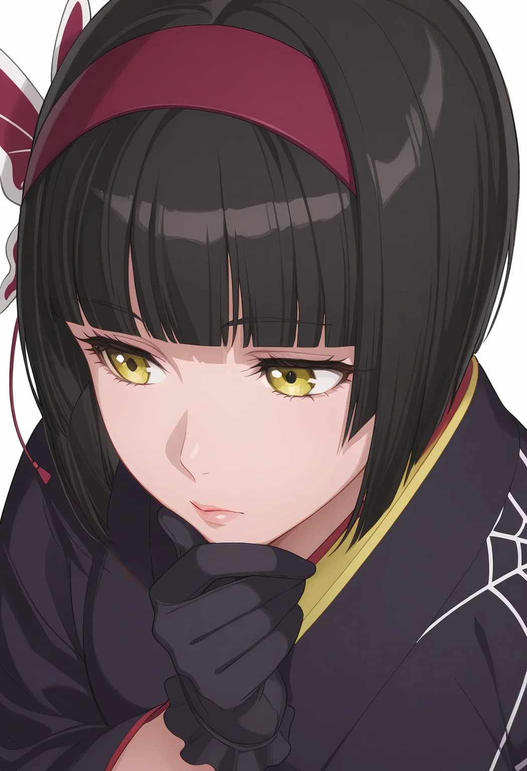 Smooth Quality,masterpiece, ultra realistic,
simple background, white background,
from above,:i,hand on own chin,
<lora:MioCnn:0.8> Mio/Cnn, 1girl, short hair, bangs, japanese clothes, kimono, yellow eyes, hairband, blunt bangs, black gloves, black hair, spider web print,butterfly hair ornament,folding fan,