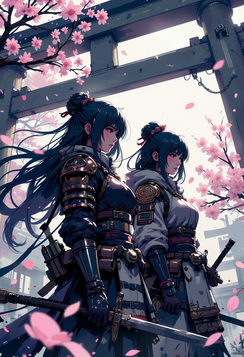 Mh1$AgThS2, intricate linework with expressive contrasts, soft lighting with dynamic highlights, A digital artwork in the style of cknc, image of two Japanese women in traditional Japanese leather armour, long hair, bangs, standing under a giant tori gate partly obscured my mist, weak sunlight struggling to break through, with sakura petals blowing in the wind