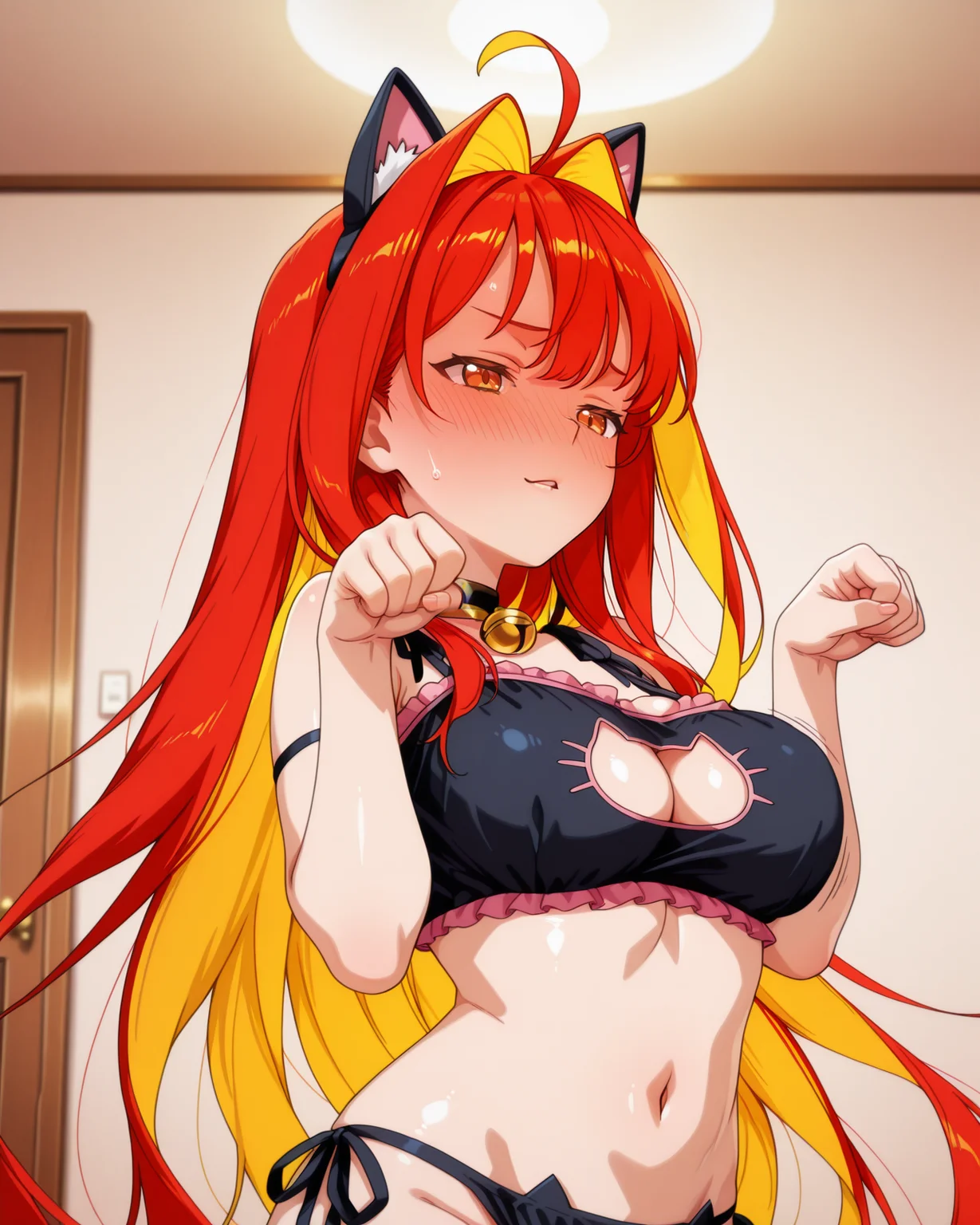 <lora:ATRex_style:1>,trexstyle,
anime coloring,anime screencap,
highres,best quality,masterpiece,
shiny skin,
BREAK
indoors,simple_background,
BREAK
<lora:Aphrodite_FATE_IL>,Aphroditelike,1girl,solo,ahoge,long hair,orange eyes,parted lips,medium breasts,two-tone hair,red hair,blonde hair,very long hair,navel,colored inner hair,hair intakes,
<lora:cat-lingerie-illustriousxl-lora-nochekaiser:1>,cat lingerie,cat cutout,cat ear panties,frilled bra,side-tie panties,cleavage cutout,jingle bell,neck nell,navel,midriff,sad cat dance,sad cat dance (meme),dancing,paw pose,palms together,bouncing breasts,neck bell,cat ear hairband,fake animal ears,cowboy shot,embarrassed,full-face blush,:3,