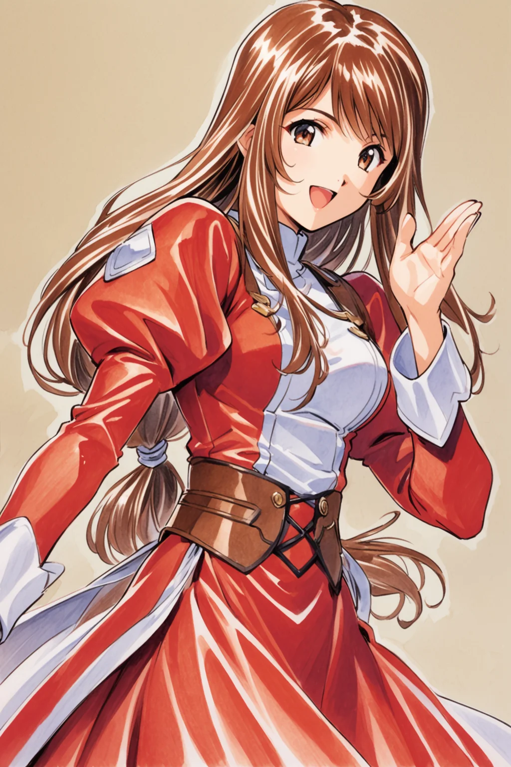 Erica Fontaine,1girl,solo,cowboy shot,smile,open mouth,looking at viewer,upper body,dynamic pose,brown hair,brown eyes,long hair,bangs,low tied hair,sidelocks,red dress,puffy sleeves,long sleeves,brown boots,long dress,traditional media,low-tied long hair,dress,juliet sleeves,breasts,:d,<lora:Sakura Wars_XL_V2.1:0.8>,