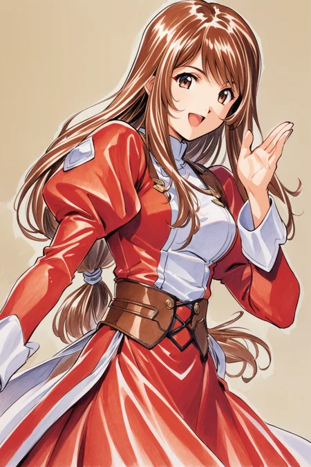 Erica Fontaine,1girl,solo,cowboy shot,smile,open mouth,looking at viewer,upper body,dynamic pose,brown hair,brown eyes,long hair,bangs,low tied hair,sidelocks,red dress,puffy sleeves,long sleeves,brown boots,long dress,traditional media,low-tied long hair,dress,juliet sleeves,breasts,:d,<lora:Sakura Wars_XL_V2.1:0.8>,