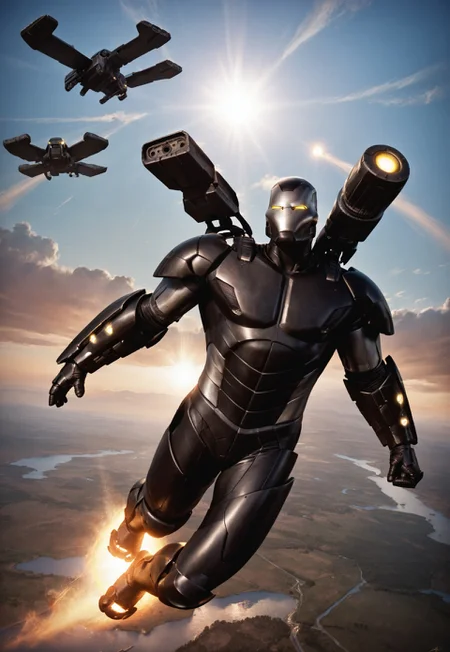 score_9, score_8_up, score_7_up, War machine, black armor, modern armor, modern suit, flying, side view, futuristic metal armor, (((realistic, photorealistic))), heroic flight pose, flying with fist forward, yellow glowing eyes